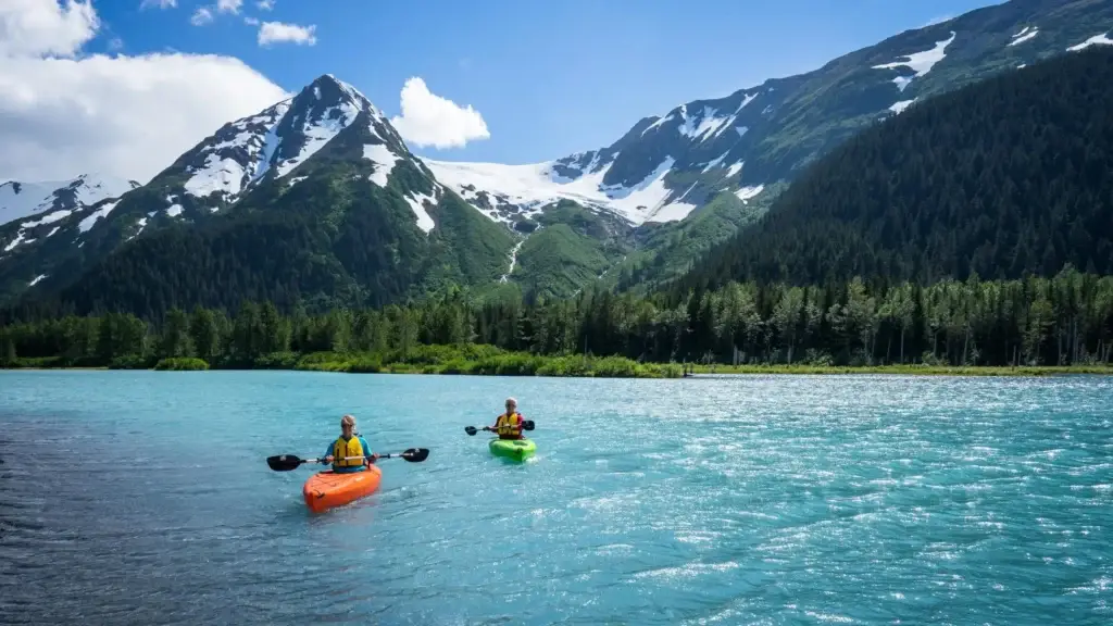 Two kayakers paddling a glacial lake below snowy peaks in Alaska