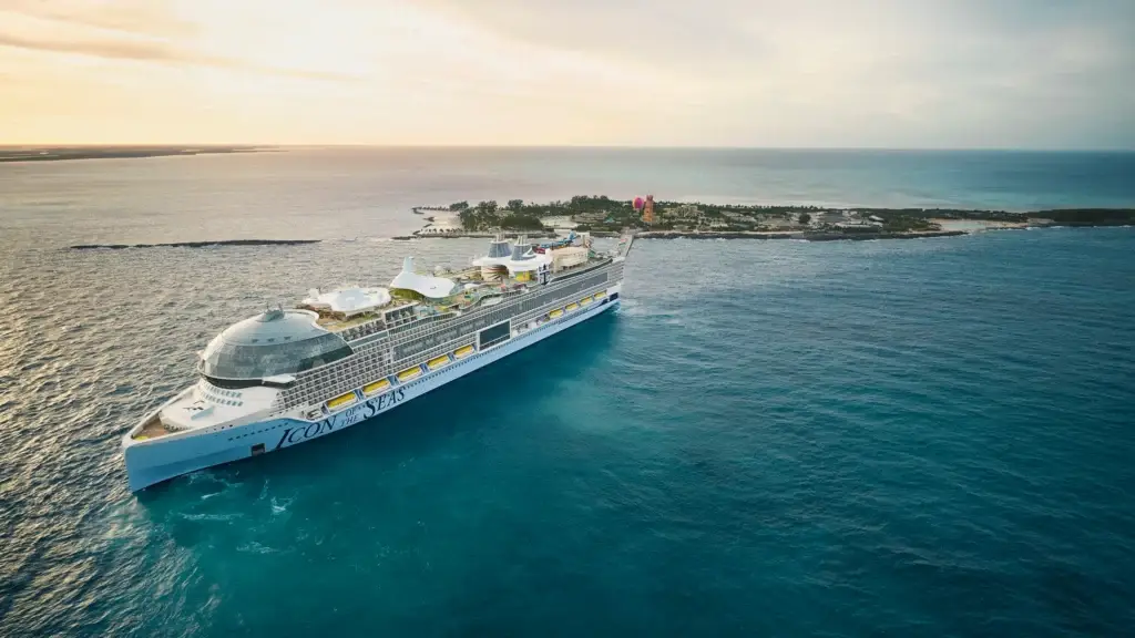 Cruise ship approaching a tropical island in the Caribbean