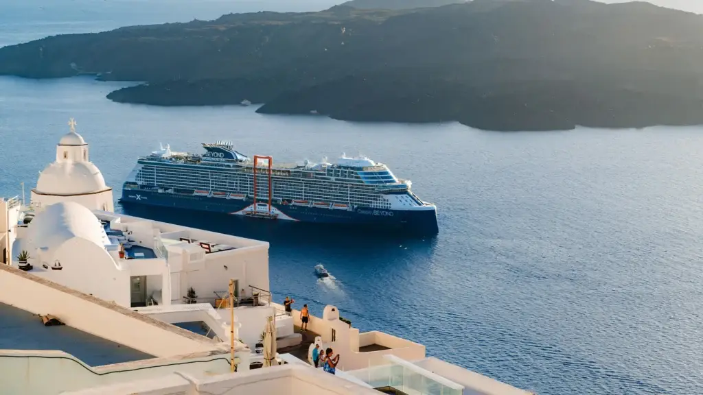 Celebrity Beyond cruise ship off Santorini, Greece