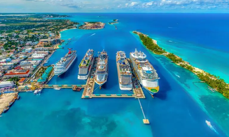Aerial view of cruise ships docked at Nassau's cruise port in The Bahamas