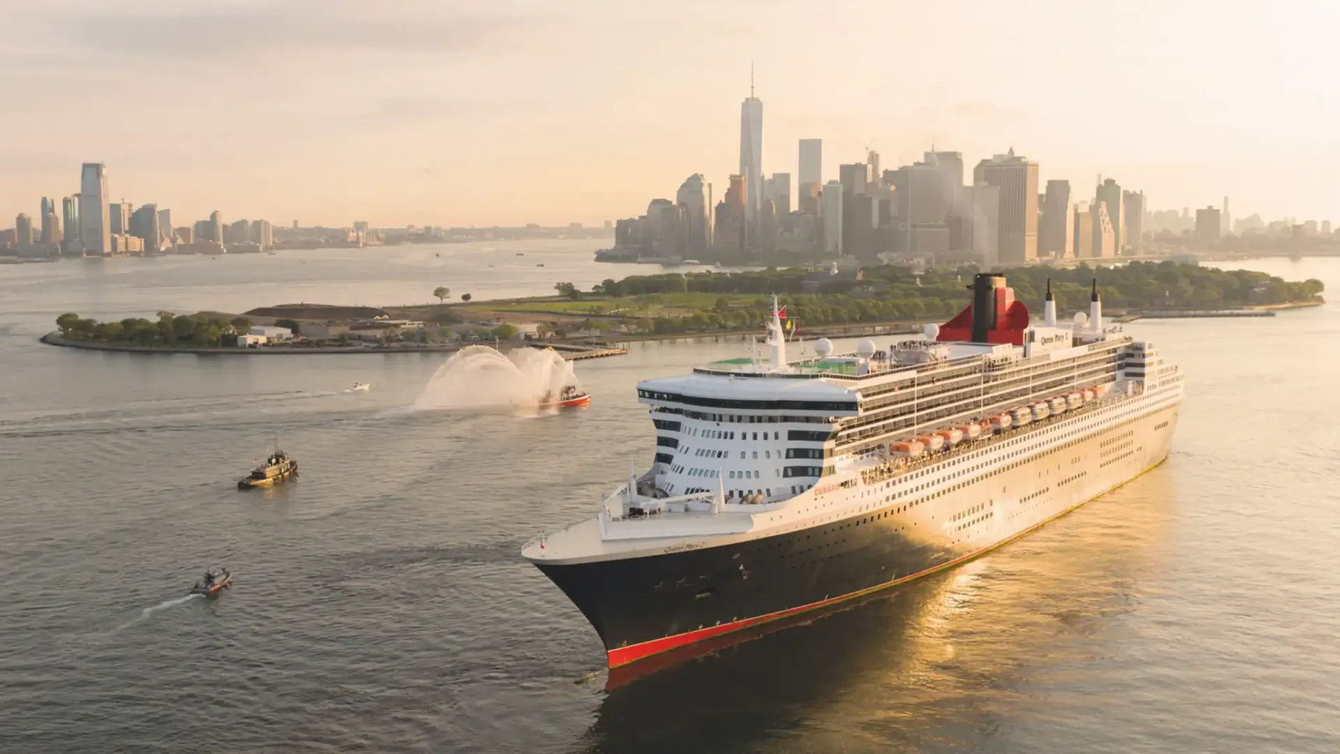 Cunard ocean liner sailing past the New York City skyline