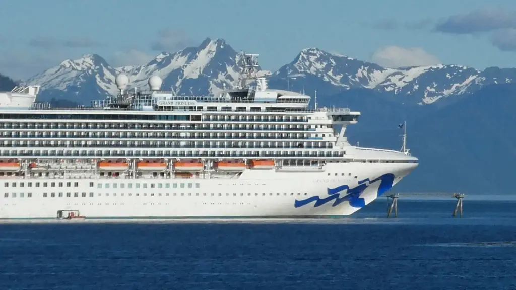Grand Princess cruise ship sailing past snow-capped mountains