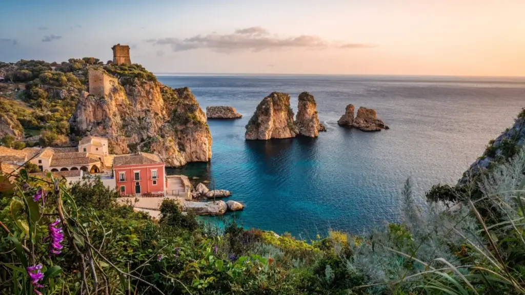 Rocky sea stacks and coastline in Sicily, Italy