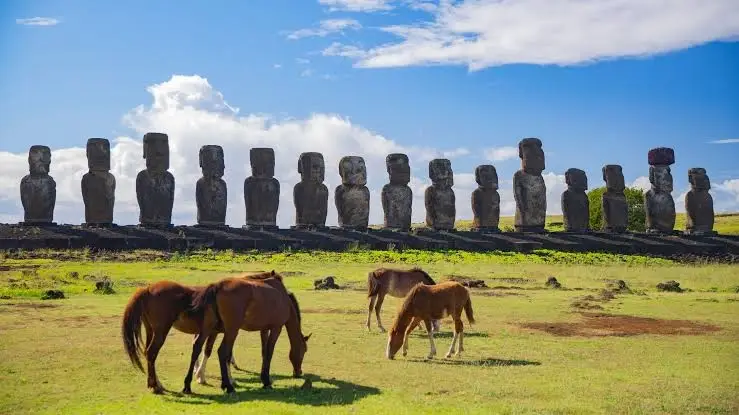 Moai statues and horses on Easter Island, Chile
