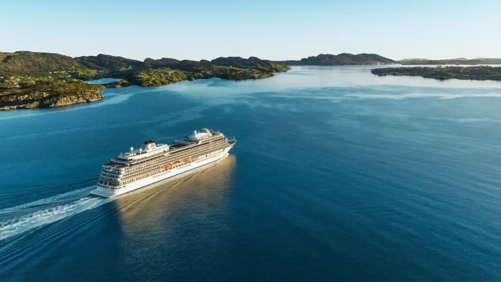 Viking ocean ship cruising through calm blue water