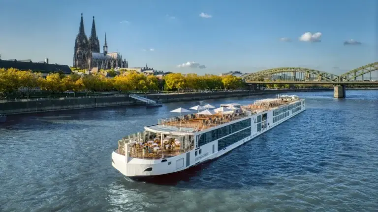Viking river ship on the Rhine near Cologne Cathedral