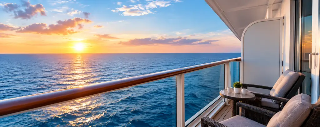 Cruise ship balcony overlooking the ocean at sunset