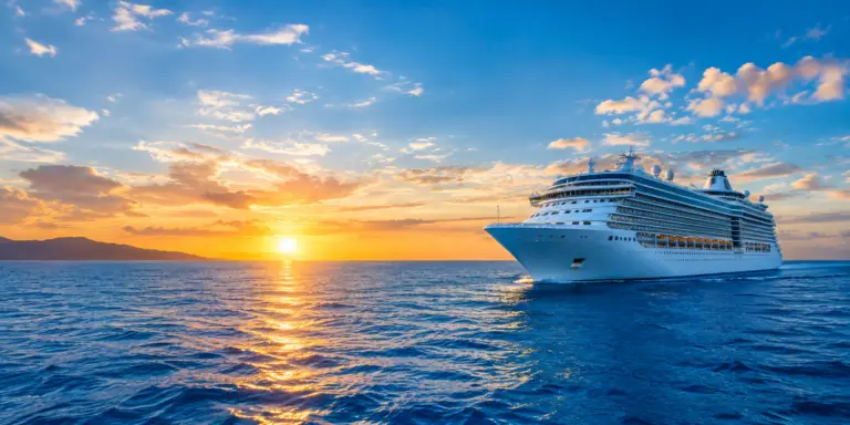Cruise ship at sea at sunset
