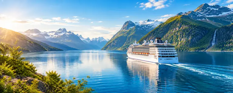 Cruise ship sailing through a mountain fjord