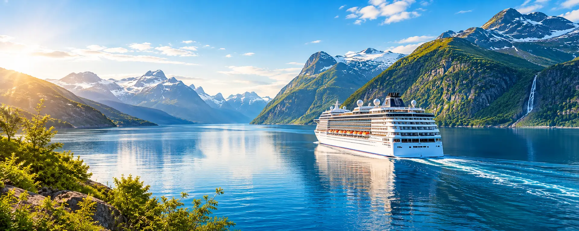 Cruise ship sailing through a mountain fjord