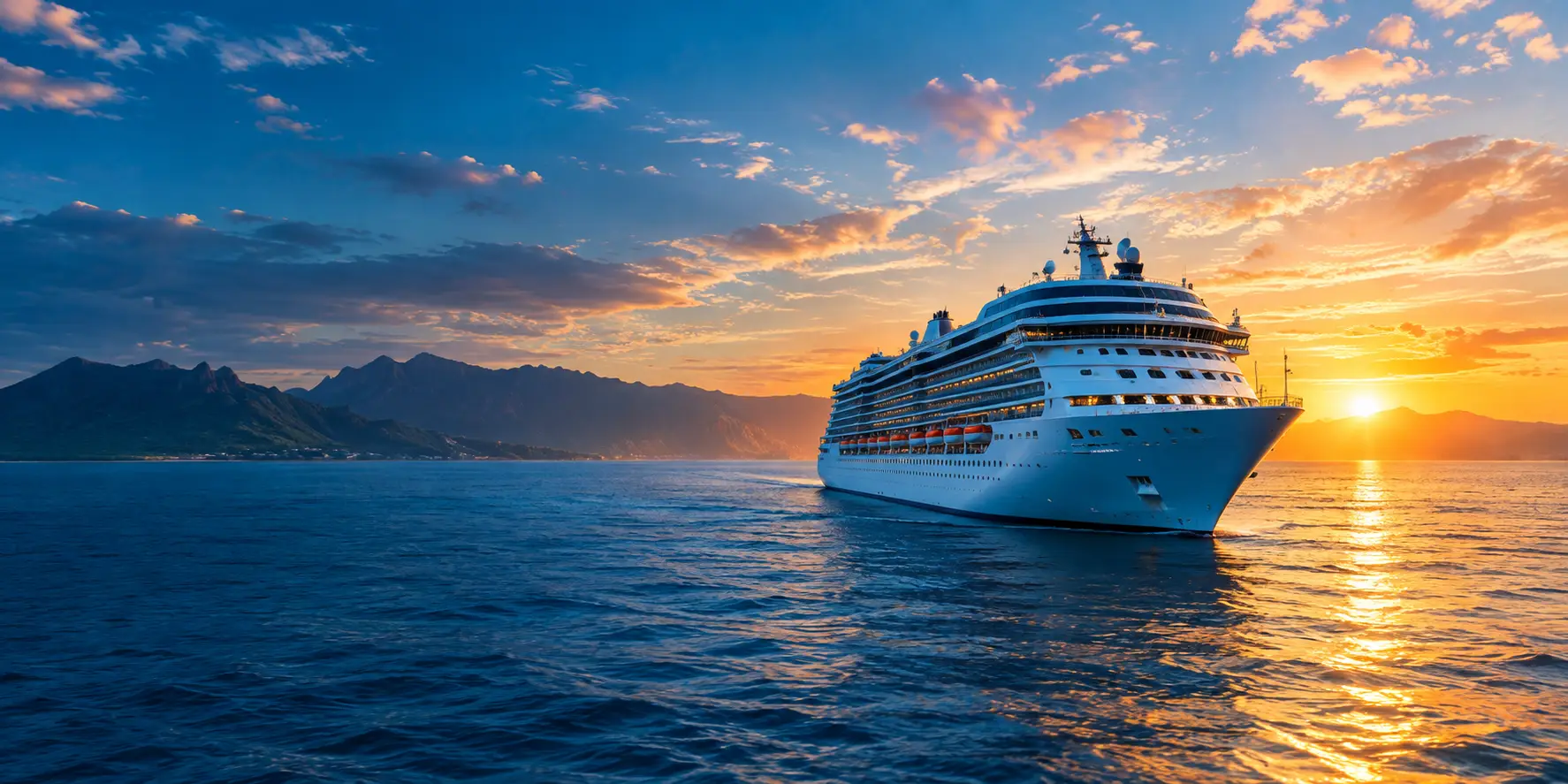 Cruise ship sailing along mountainous shores at sunset