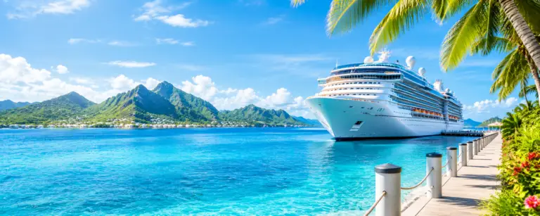 Cruise ship docked beside a tropical harbor with green mountains