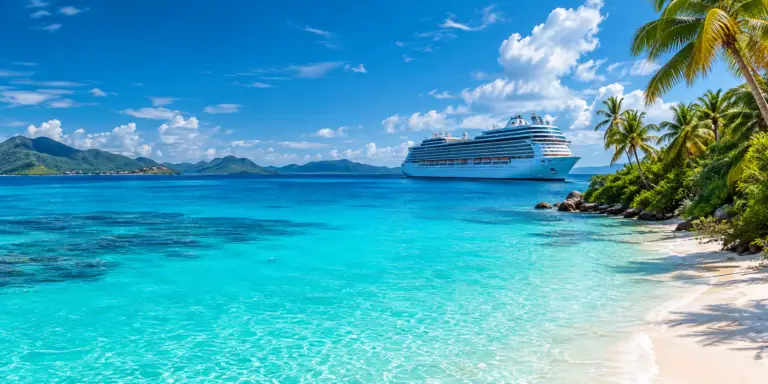 Cruise ship anchored off a palm-fringed tropical beach