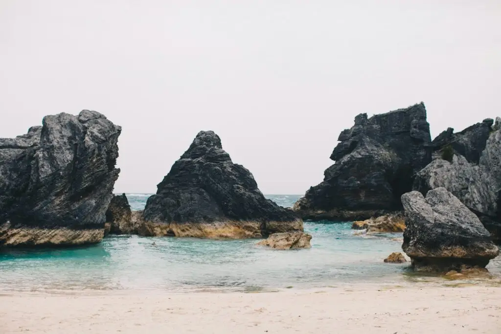 Rock formations on a pink-sand beach in Bermuda