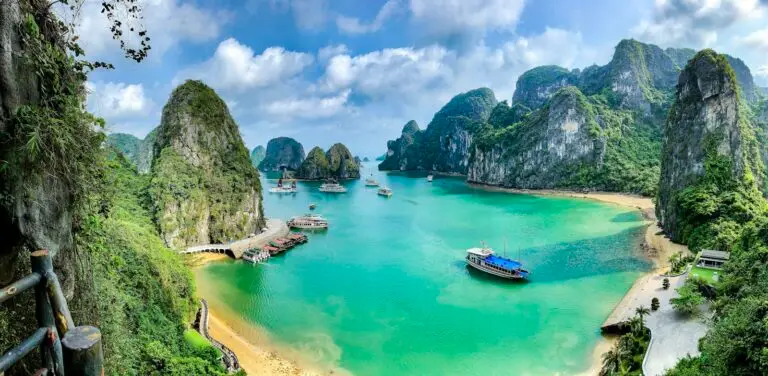 Boats among limestone islands in Ha Long Bay, Vietnam