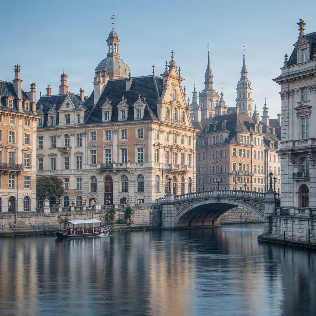 European historic city by a river or sea