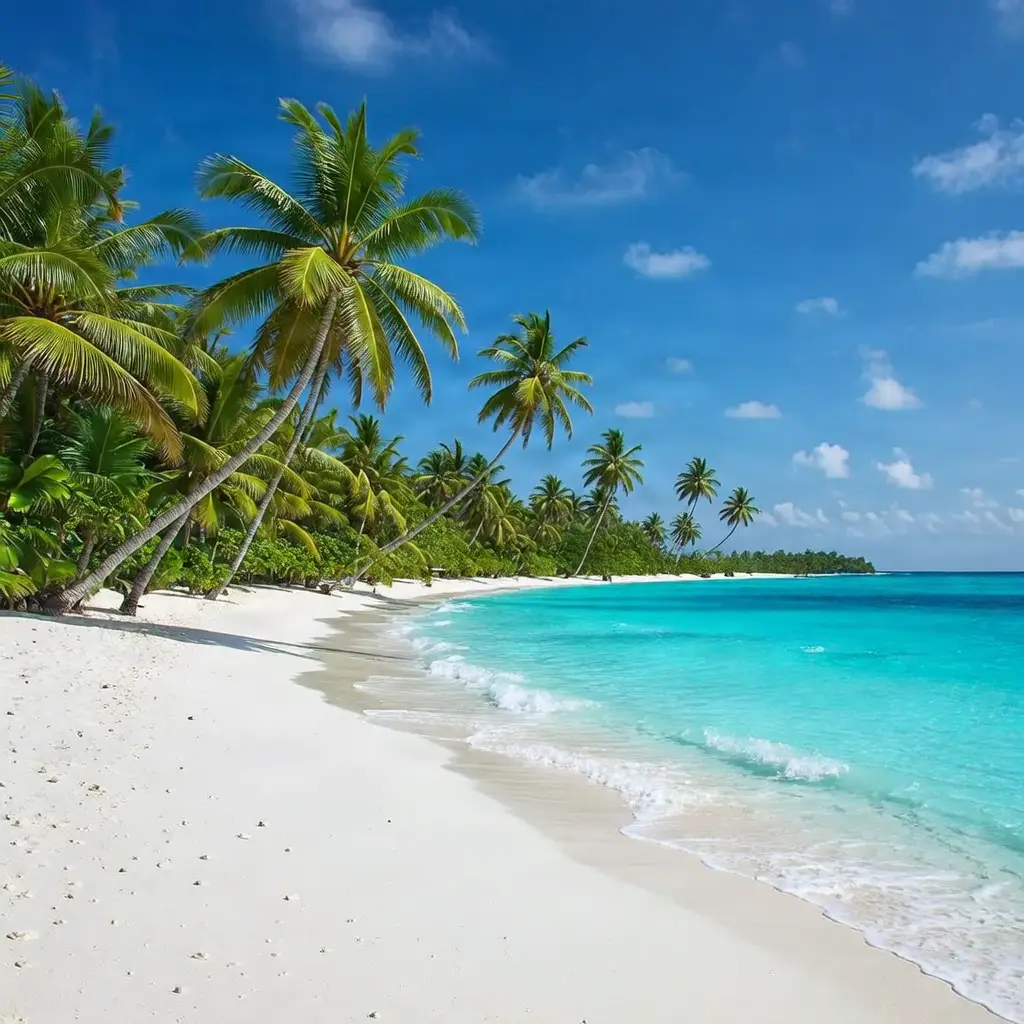 Tropical Caribbean island with white sand and palm trees.