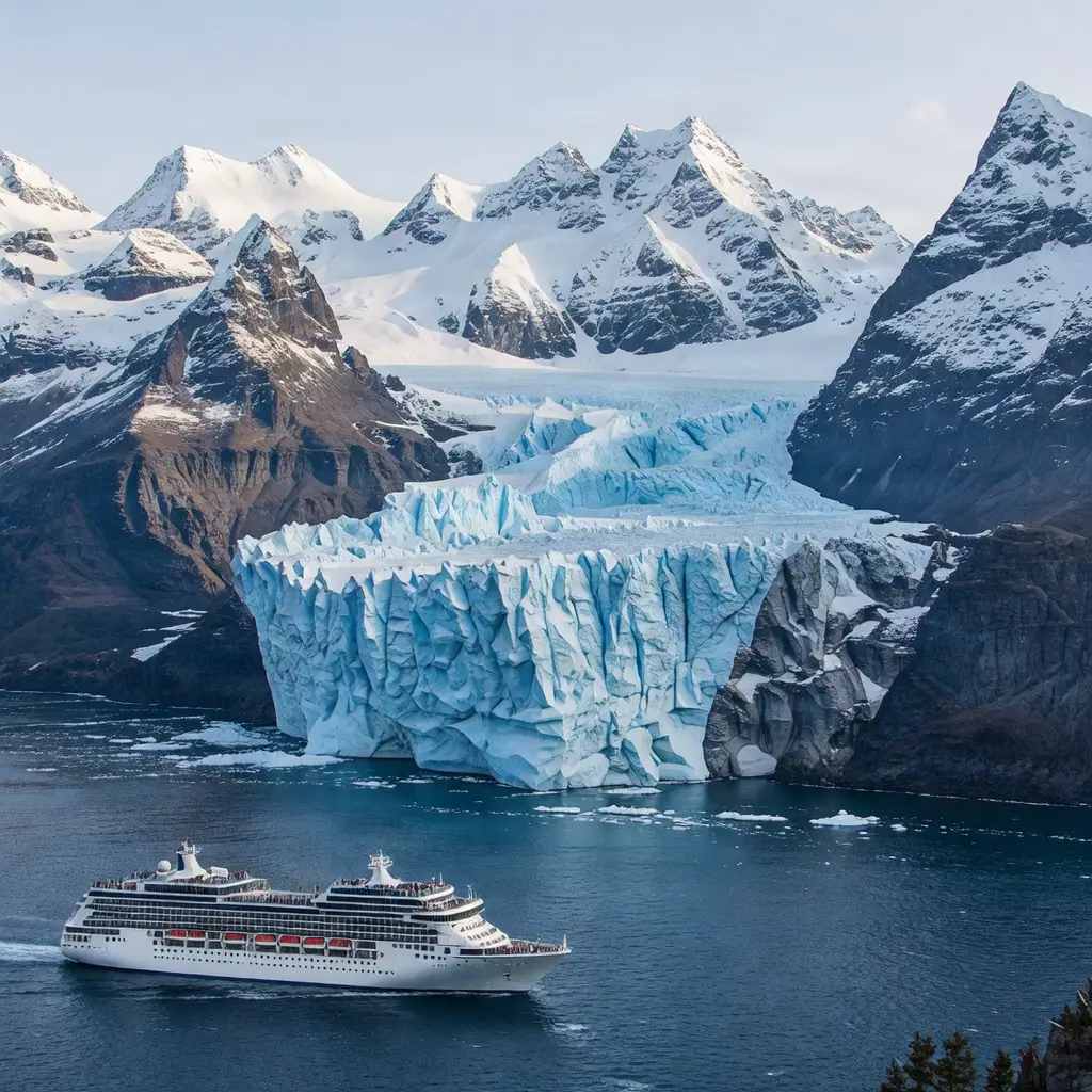 Majestic Alaska glacier with a cruise ship nearby.