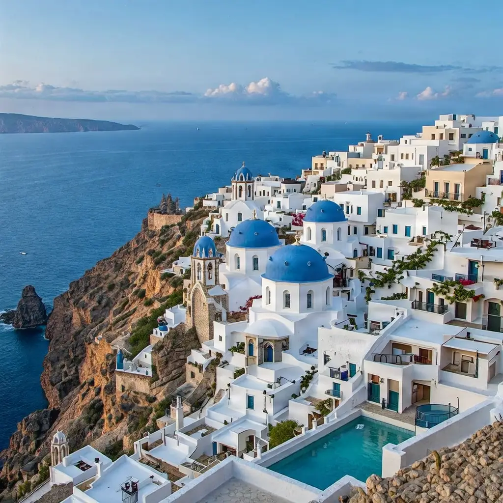 Santorini, Greece with iconic blue domes and white buildings.