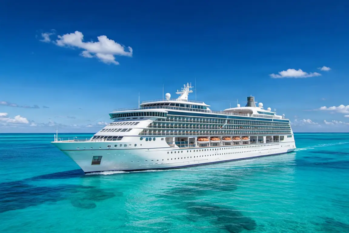Luxury cruise ship sailing in the Caribbean turquoise waters