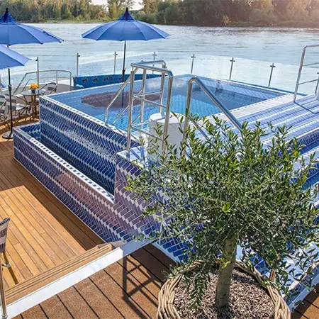 Rooftop pool and lounge deck on a river cruise ship