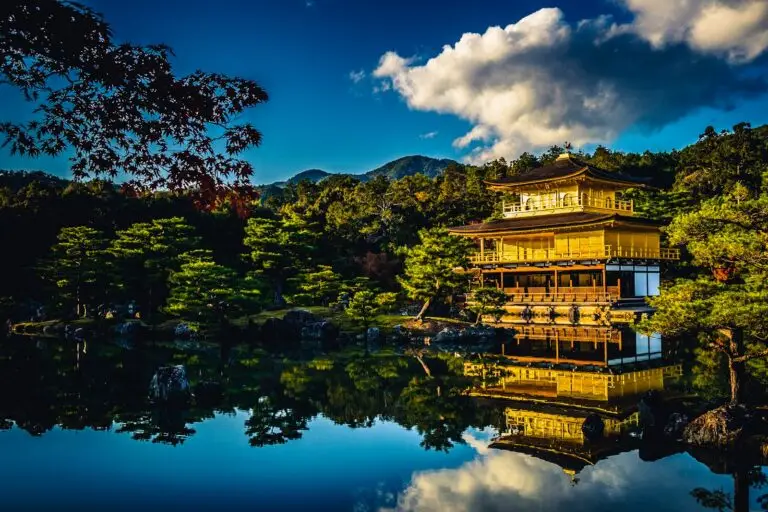 Golden Pavilion temple reflected in a pond, Kyoto, Japan