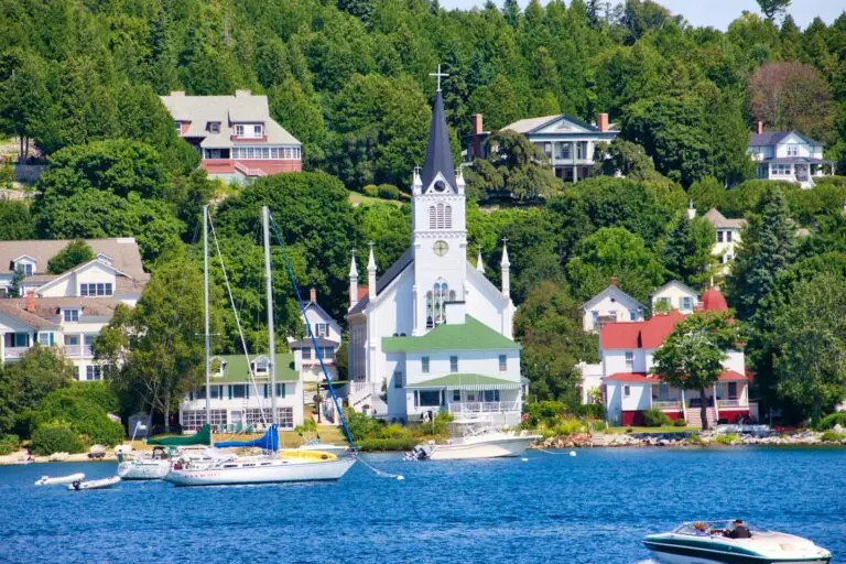 Waterfront and church on Mackinac Island, Michigan