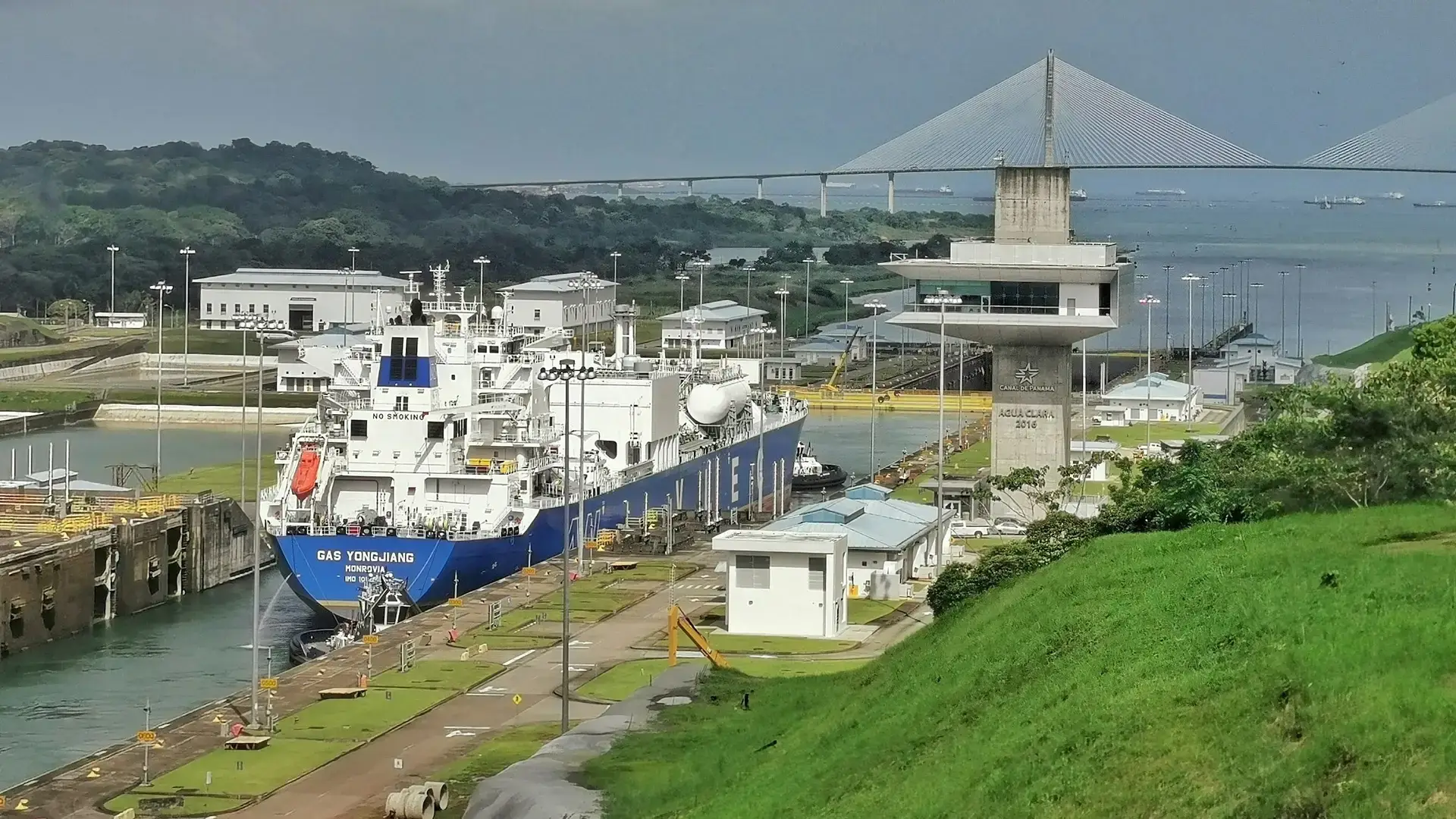 Large ship passing through the Panama Canal locks