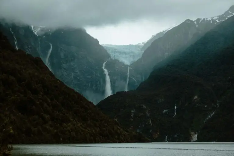 Hanging glacier above a fjord in Chilean Patagonia