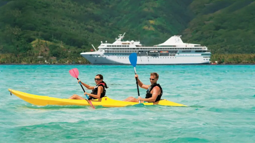 Kayaking in a Tahitian lagoon near the m/s Paul Gauguin