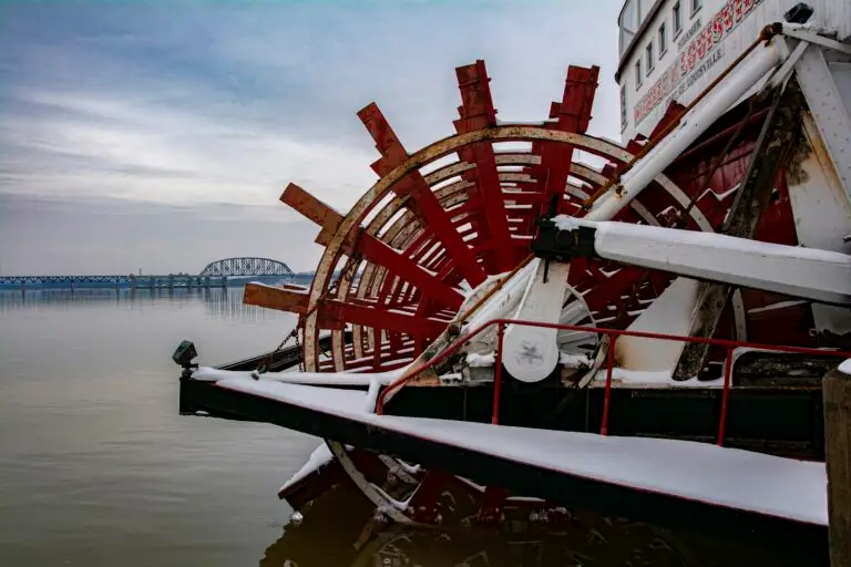 Red paddlewheel of a riverboat